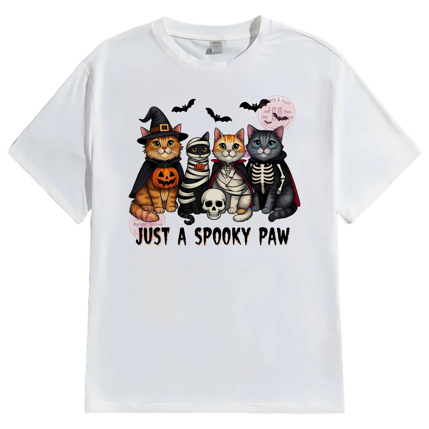 White Round Neck T Shirt with Halloween Cats and Pumpkins Print for Festive Season Fashionable Graphic Tee for Men