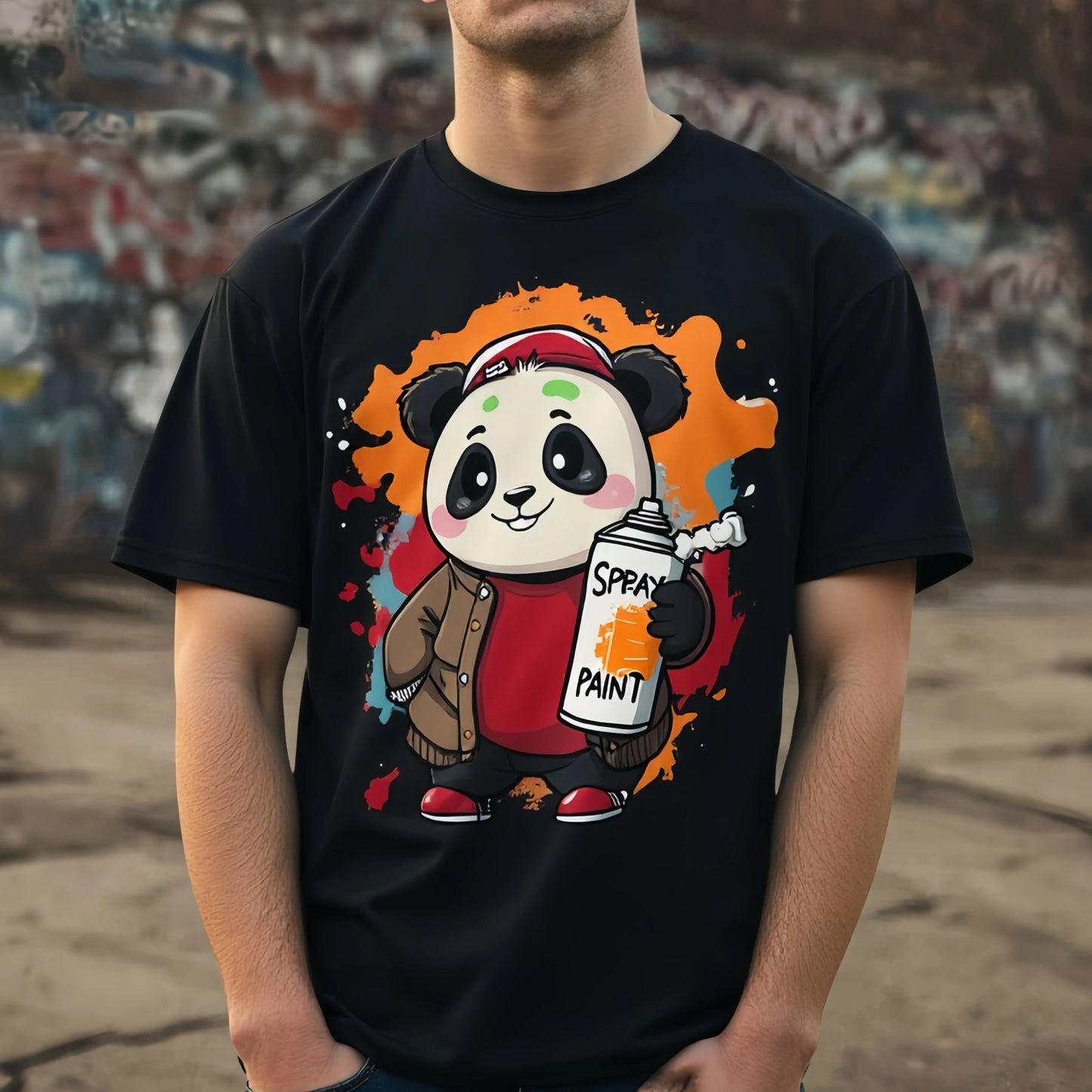 Black T Shirt with Cute Panda Holding Spray Paint Design for Casual Wear Trendy Streetwear Printed Tshirt