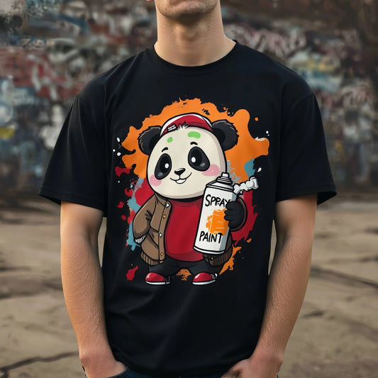 Black T Shirt with Cute Panda Holding Spray Paint Design for Casual Wear Trendy Streetwear Printed Tshirt