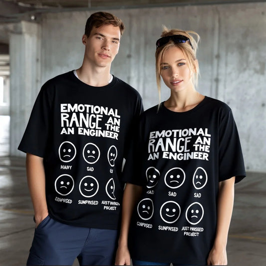 Black T Shirt with Emotional Range of an Engineer Emoji Print for Casual Wear Graphic Tee For Summer 2025