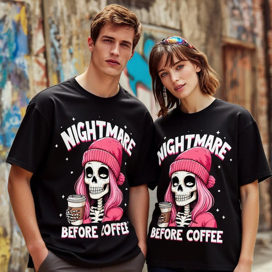Crew Neck T Shirt Cute Skull with Coffee Cup Print for Daily Wear Trendy Graphic Tee 2025