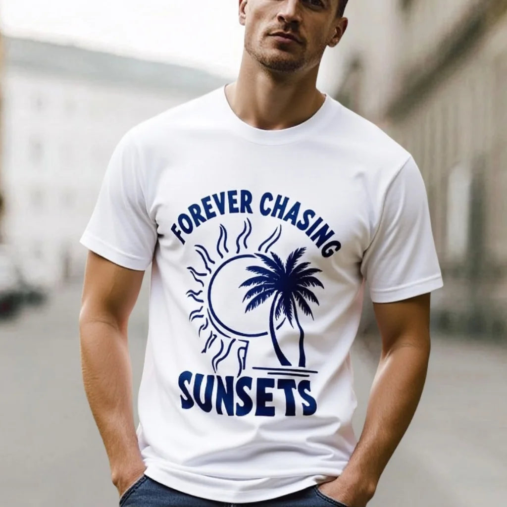 Fashion Graphic Tees For ManMen's Casual T Shirt with Forever Chasing Sunsets Palm Tree Print for Outdoor Activities