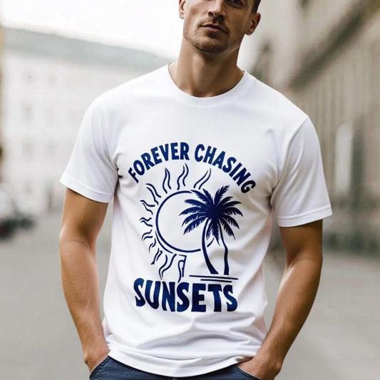 Fashion Graphic Tees For ManMen's Casual T Shirt with Forever Chasing Sunsets Palm Tree Print for Outdoor Activities