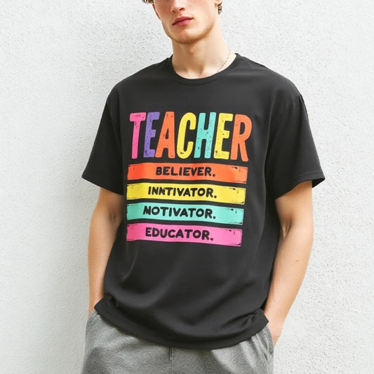 Men's Casual T Shirt Colorful Gradient Text Print Inspirational Quotes for Teachers Suitable for Daily Wear Graphic Tee For Summer 2025