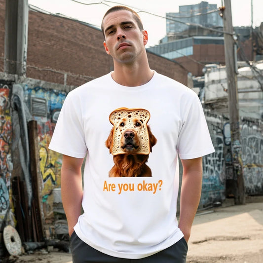 Graphic Tee Design Men's Casual T Shirt Funny Dog with Bread Slice Print Are you okay Graphic Tee for Daily Wear Street Style