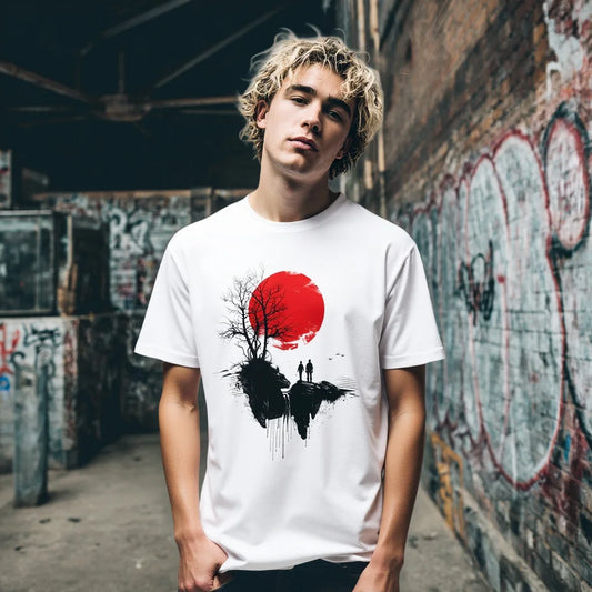 Men's Casual T Shirt Abstract Tree and Red Circle Print Urban Streetwear Trendy Graphic Tee 2025