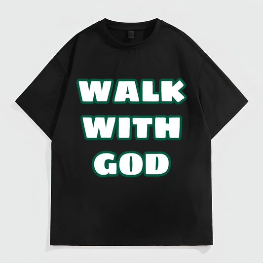Black Short Sleeve T-Shirt with WALK WITH GOD Text Print for Casual Wear Graphic Tees Outfit