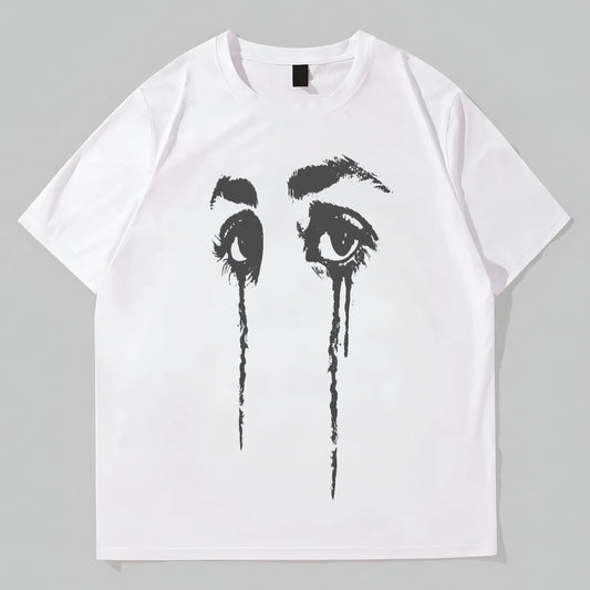 White Round Neck Short Sleeve T-Shirt with Creative Eye Tear Print for Casual Wear Graphic Tees Boutique