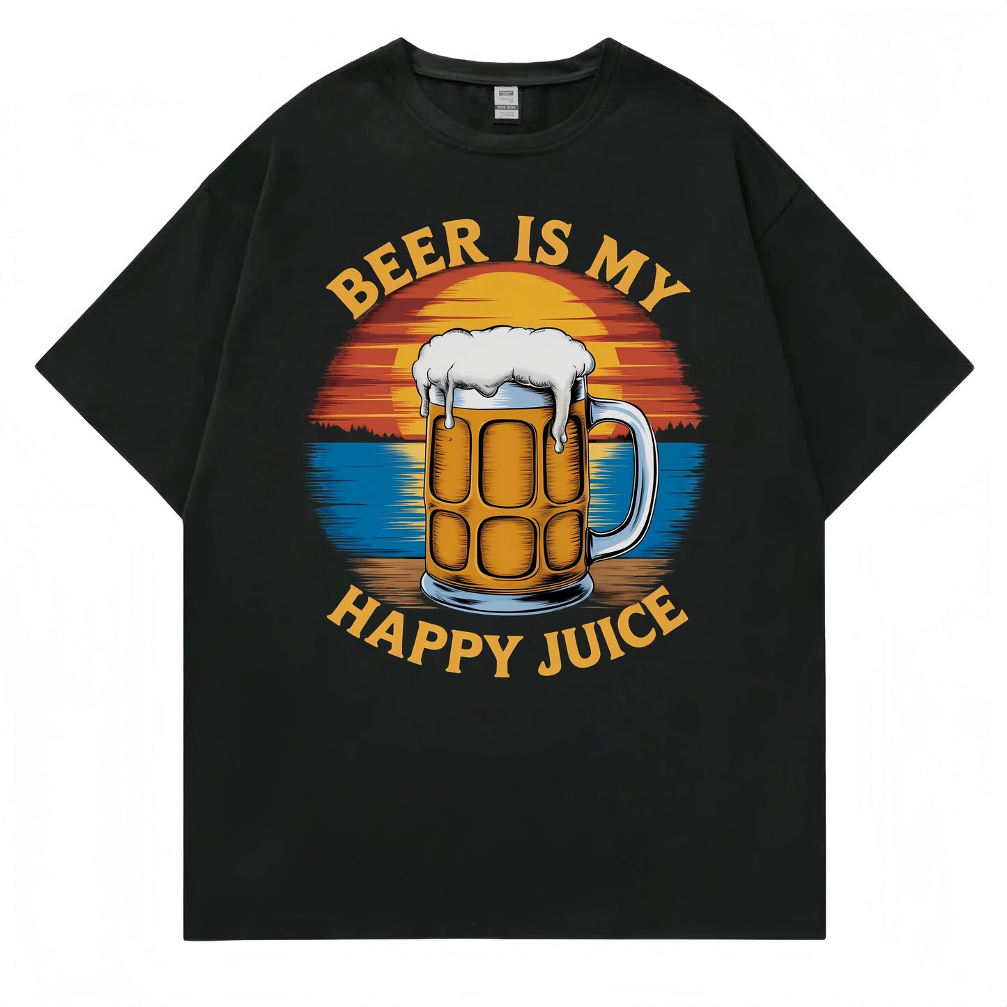 Men's Casual T Shirt Beer Theme Graphic Print Beer Is My Happy Juice Sunset Design for Outdoor Activities Fashionable Graphic Tee for Men