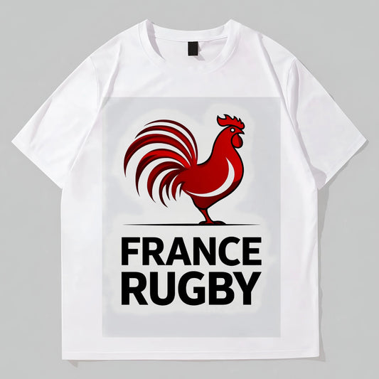 White T-Shirt with Rooster Graphic and France Rugby Text for Sports Fans Graphic Fashion Tees For Man