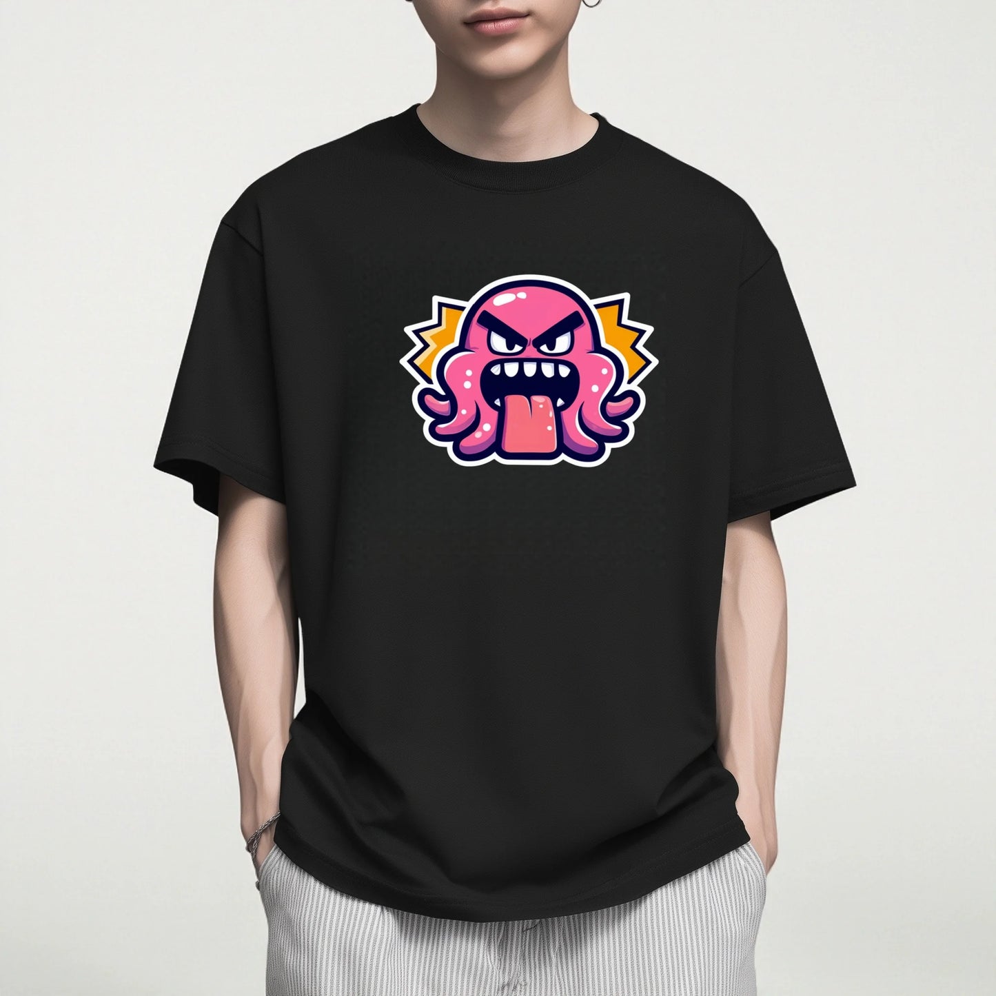 Fashion Tees 2025 Black T-Shirt with Cute Monster Print for Casual Wear