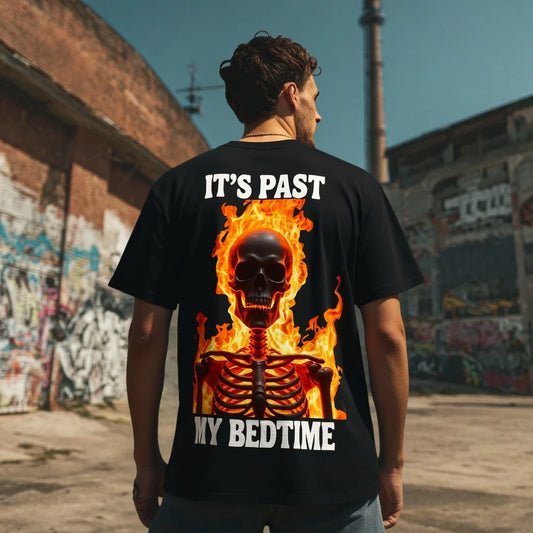 Fashion Graphic Tee For Summer Men's Casual T Shirt Skeleton Flame Print IT'S PAST MY BEDTIME Streetwear Graphic Tee for Outdoor Activities