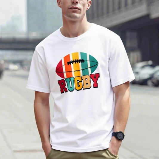 Fashion Graphic Tee Men's Casual T Shirt Colorful Rugby Ball Print Outdoor Sports Wear