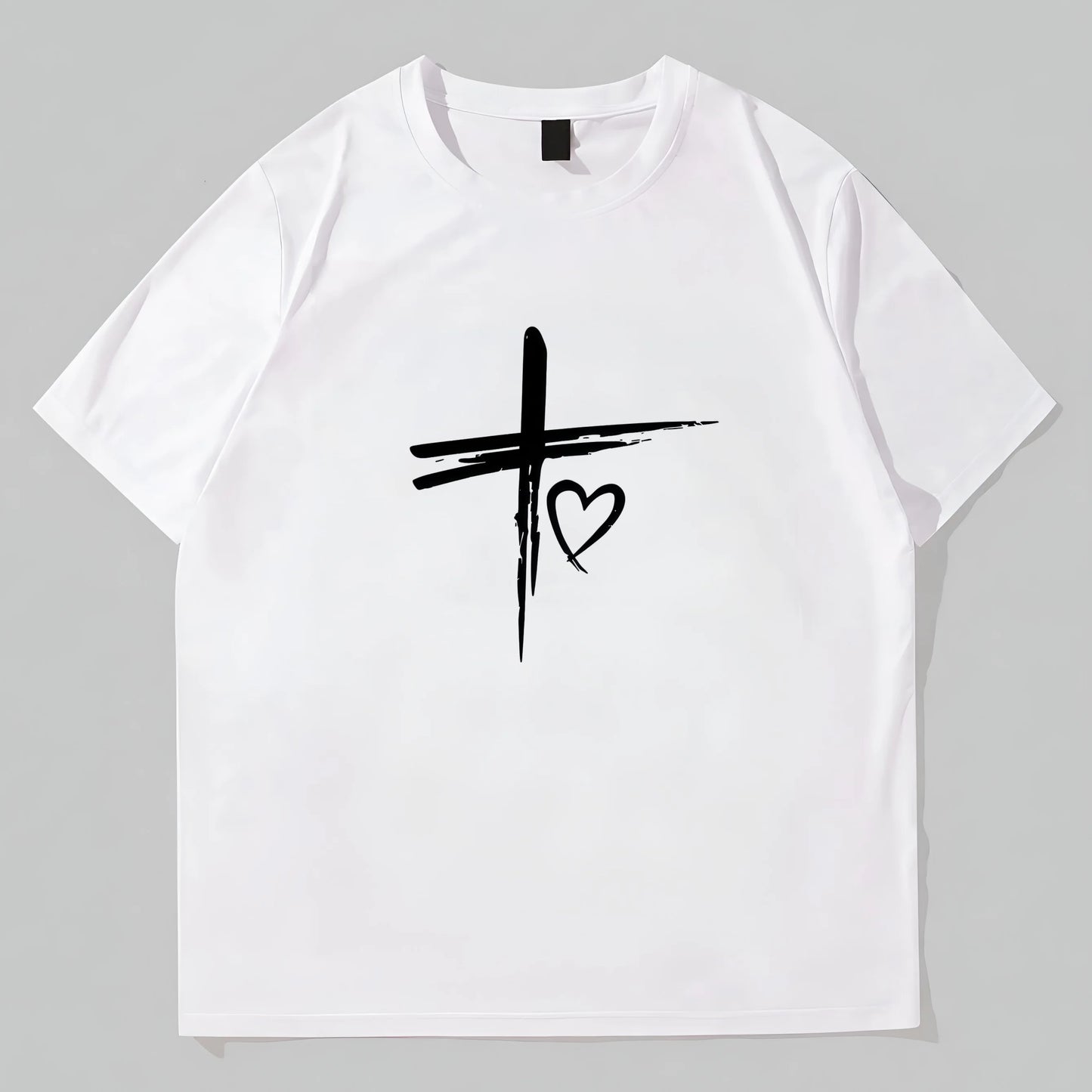 Trendy T-Shirt For Man Simple Round Neck T-Shirt Cross Heart Print Casual Daily Wear for Men Women Unisex Fashion Top Summer Basic Tee Streetwear