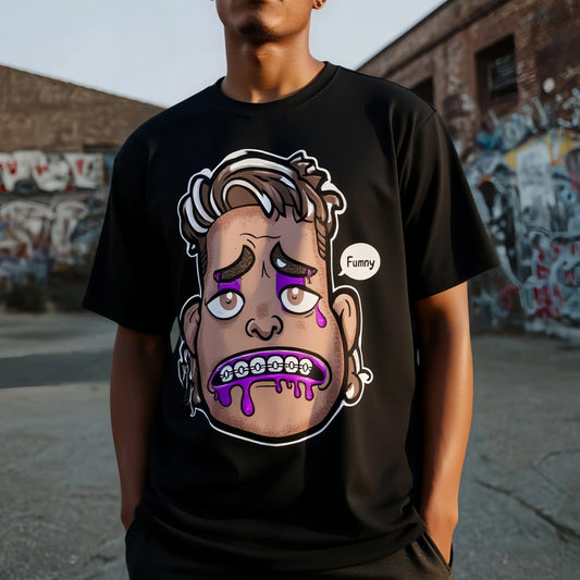 Streetwear Printed Graphic Tee Men's Casual T Shirt with Unique Cartoon Face Print and Funny Text - Perfect for Streetwear and Daily Wear Cotton Clothes For Men