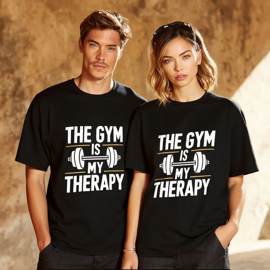 Men's and Women's Casual T Shirts Gym Therapy Text Print Fitness Workout Clothing Sportswear for Gym Enthusiasts Trendy Graphic Tee 2025