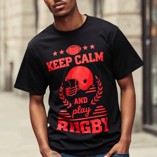 Fashion Graphic Tee Men's T Shirt Keep Calm and Play Rugby Print Casual Sports Tee for Outdoor Activities
