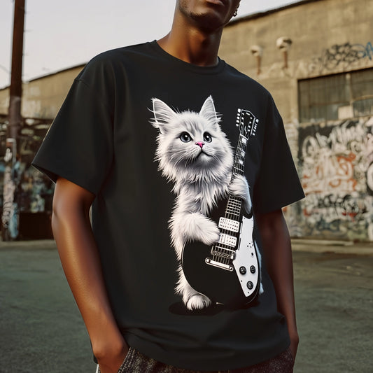 Streetwear Printed Graphic Tee Men's Short Sleeve T Shirt Cute Cat Playing Guitar Print Casual Daily Wear Cotton Clothes For Men