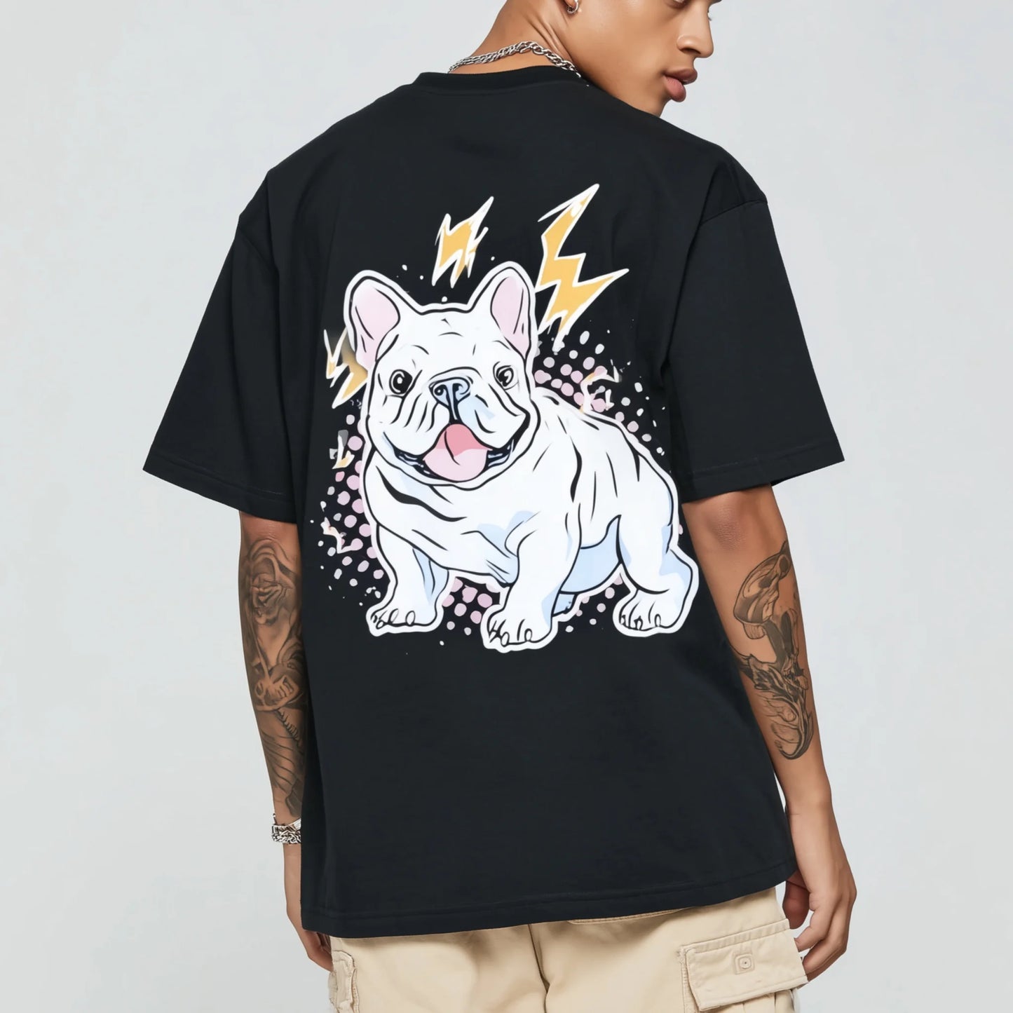 Trendy Tees For Man Casual T-Shirt with Cute Bulldog and Lightning Bolt Print for Daily Wear