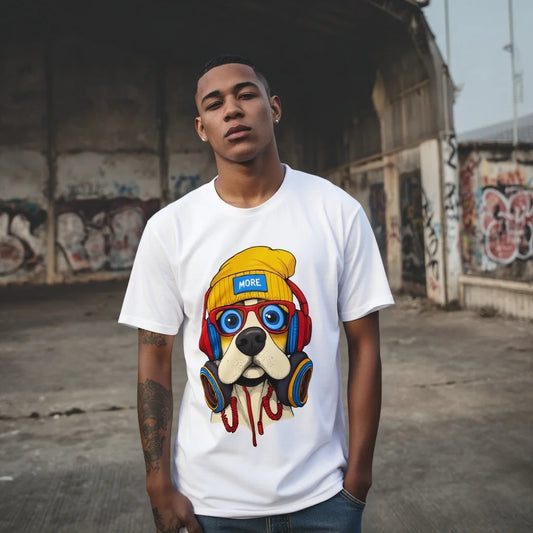 Fashion Graphic Tee Men's Casual T Shirt Cute Dog Wearing Hat and Goggles Print Streetwear Daily Wear
