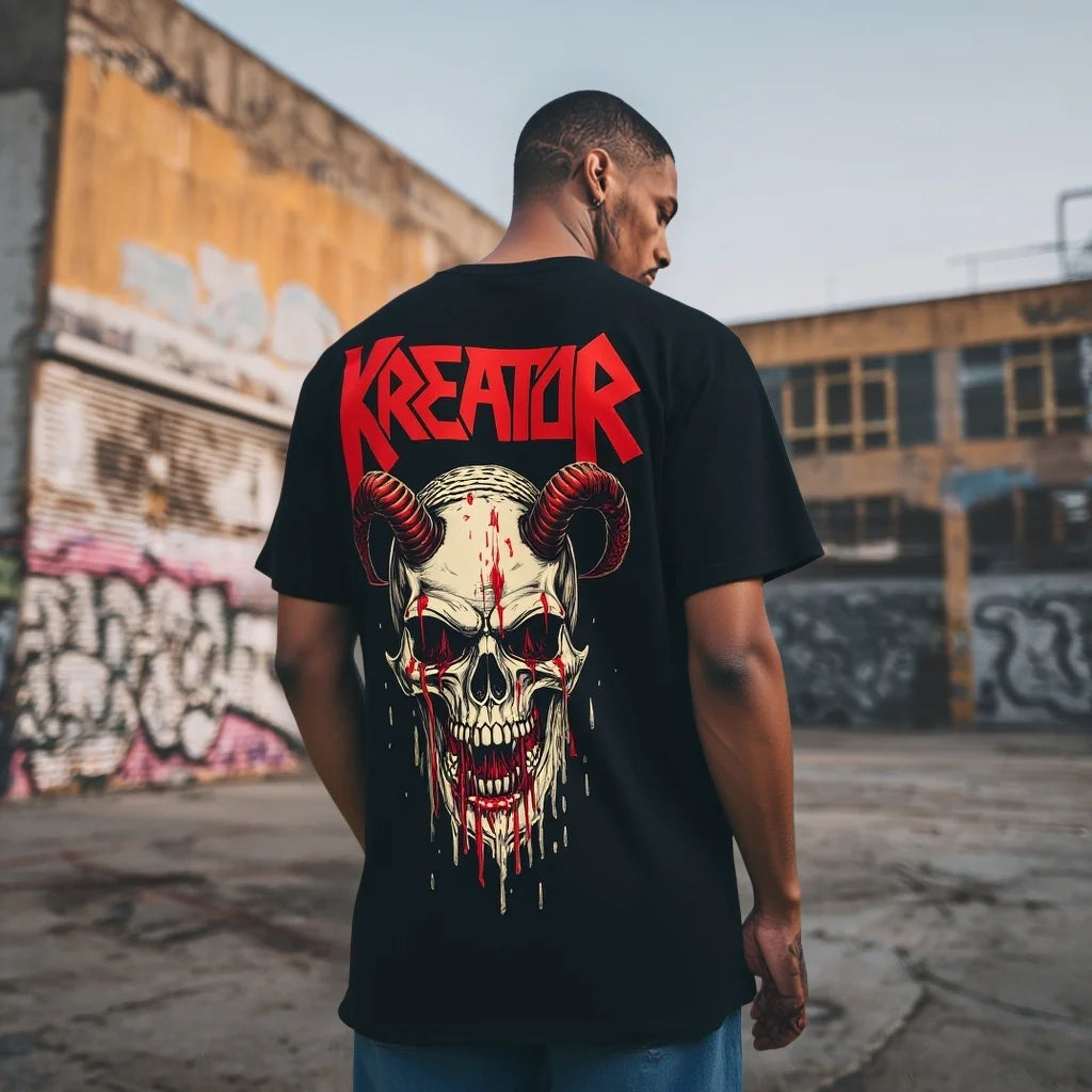 Men's T Shirt with Demon Skull Graphic and Bold Text Design for Urban Streetwear Trendy Streetwear Printed Tshirt