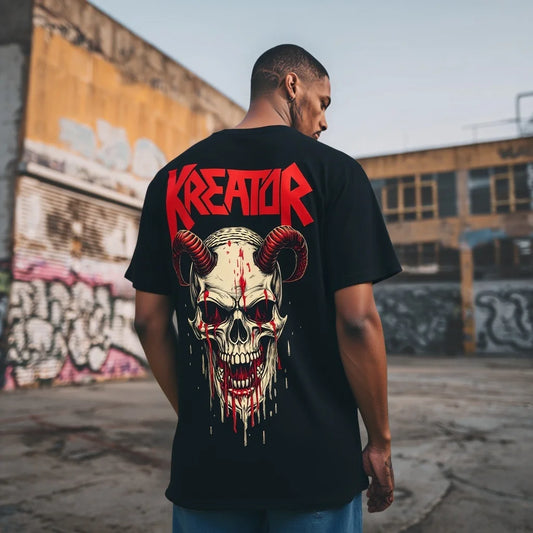 Men's T Shirt with Demon Skull Graphic and Bold Text Design for Urban Streetwear Trendy Streetwear Printed Tshirt