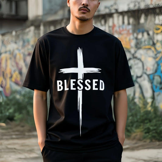 Men's Casual T Shirt Cross Pattern with BLESSED Text Urban Streetwear Fashion Summer Tops for Daily Wear Trendy Streetwear Printed Tshirt