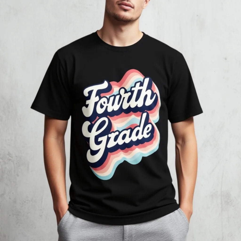 Black T Shirt with Fourth Grade Retro Wave Design for School Events Graphic Tee For Summer 2025