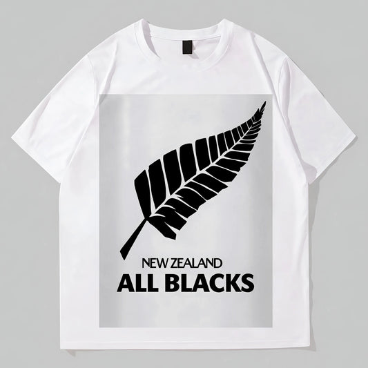 White T-Shirt with Silver Fern Leaf Print and Text for Sports Fans Graphic Fashion Tees For Man