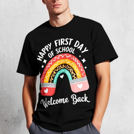 Black T Shirt Rainbow Leopard Print Happy First Day of School Welcome Back Text for Back to School Season Graphic Tee For Summer 2025