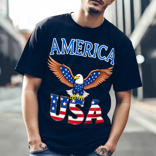 Graphic Tees Boutique Men's Short Sleeve T Shirt Patriotic Eagle and Stars Stripes Print Casual Wear for Independence Day Festival