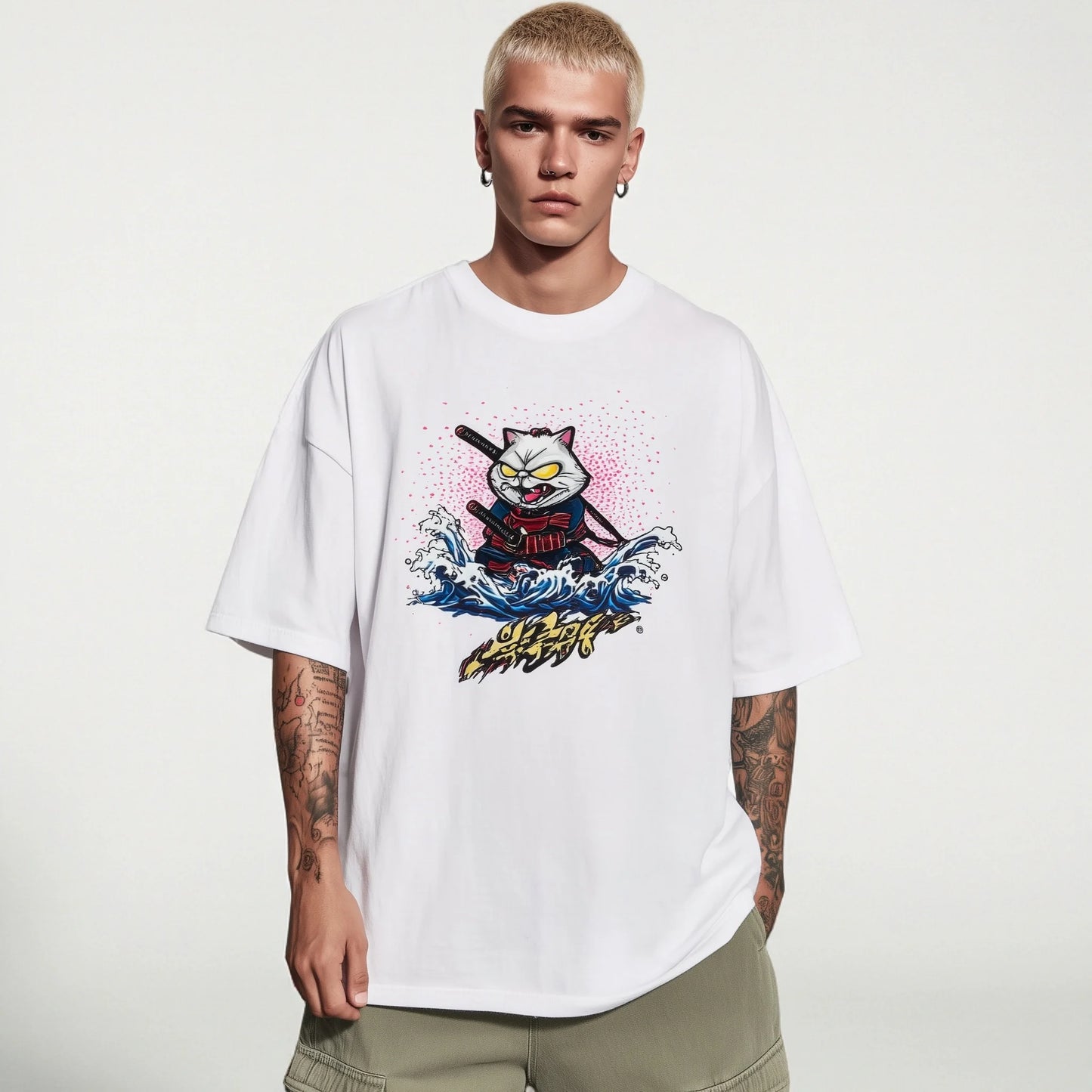 Trendy Tees For Man Oversized T-Shirt Cute Cat Samurai Print Casual Daily Wear