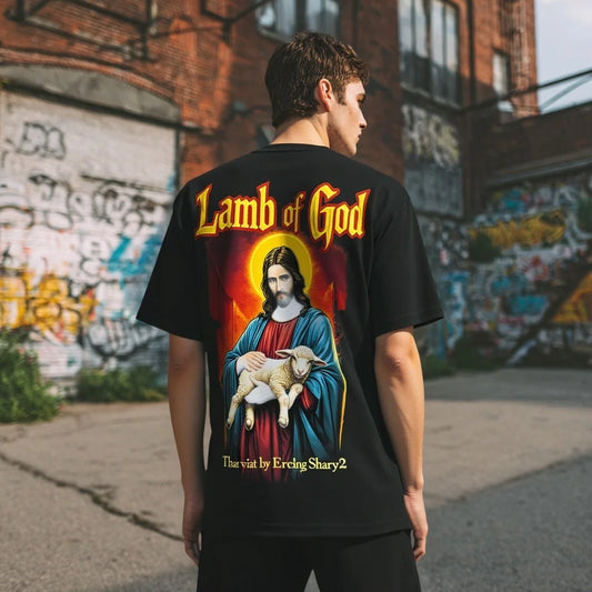 Streetwear Printed Graphic Tee Men's T Shirt Religious Figure with Lamb Graphic Tee Casual Streetwear Cotton Clothes For Men