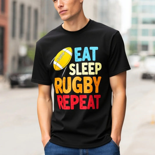 Fashion Graphic Tee Men's Casual T Shirt with Eat Sleep Rugby Repeat Text and Ball Graphic for Sports Enthusiasts