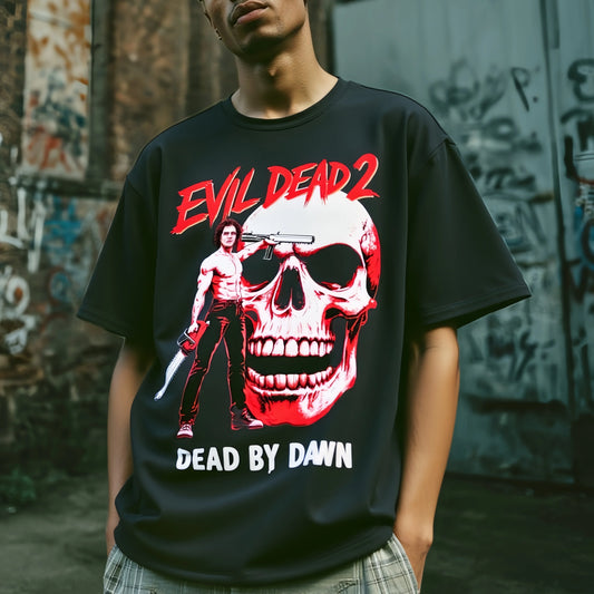 Streetwear Printed Graphic Tee Black T Shirt with Skull and Chainsaw Graphic for Casual Wear Cotton Clothes For Men