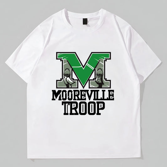 White T-Shirt with Green Letter M and Text MOOREVILLE TROOP Print for Outdoor Activities Trendy Tees Shirts