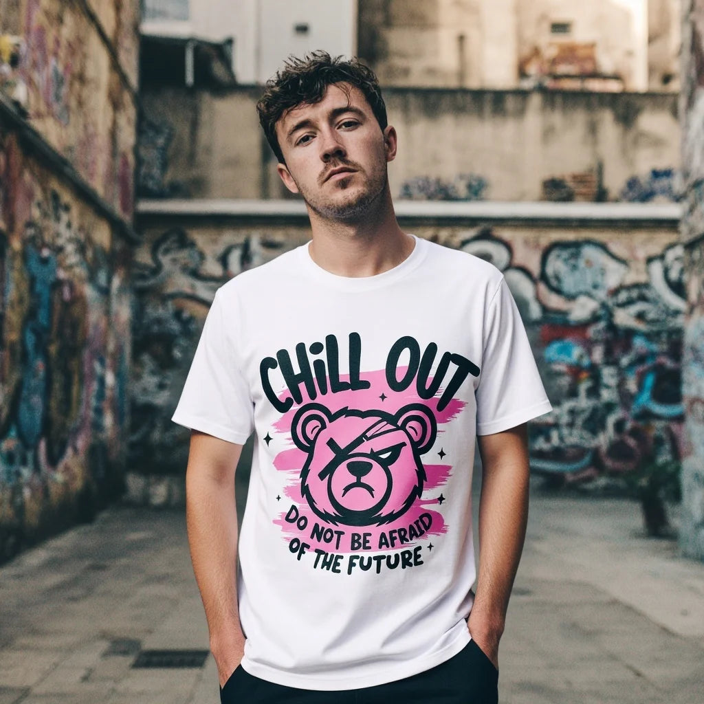 Graphic Tee Design Men's Casual T Shirt with Cute Bear and Motivational Text Print for Streetwear