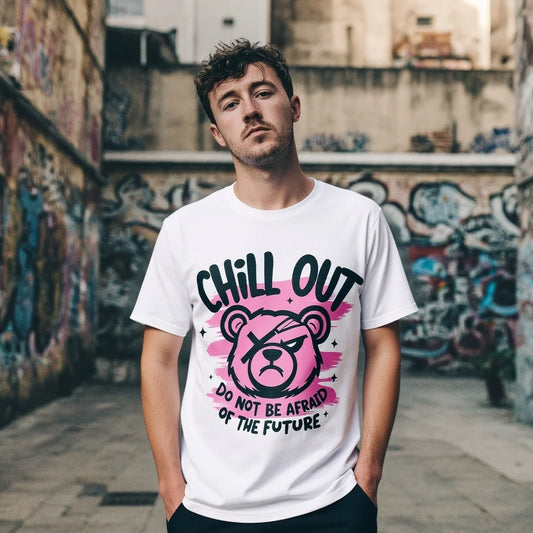 Graphic Tee Design Men's Casual T Shirt with Cute Bear and Motivational Text Print for Streetwear