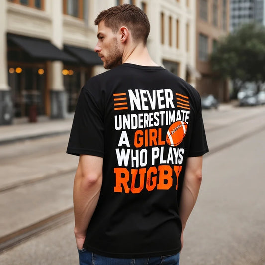 Fashion Graphic Tee Men's Short Sleeve T Shirt with Never Underestimate a Girl Who Plays Rugby Print for Sports Enthusiasts