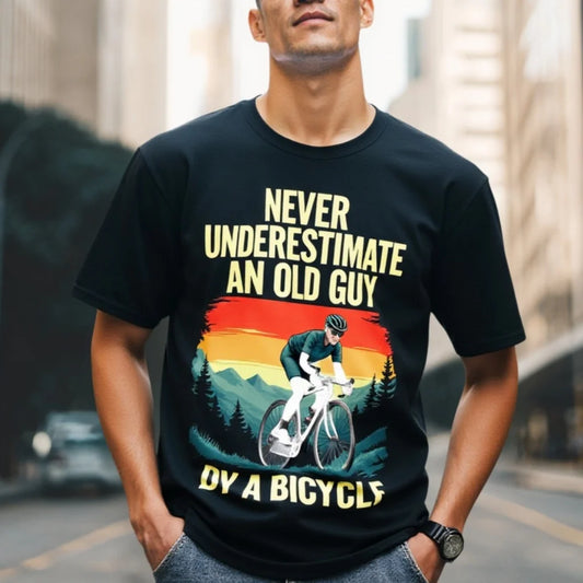 Graphic Tees Boutique Men's T Shirt Vintage Sunset Mountain Bike Print Never Underestimate an Old Guy by a Bicycle Casual Outdoor Sports Tee