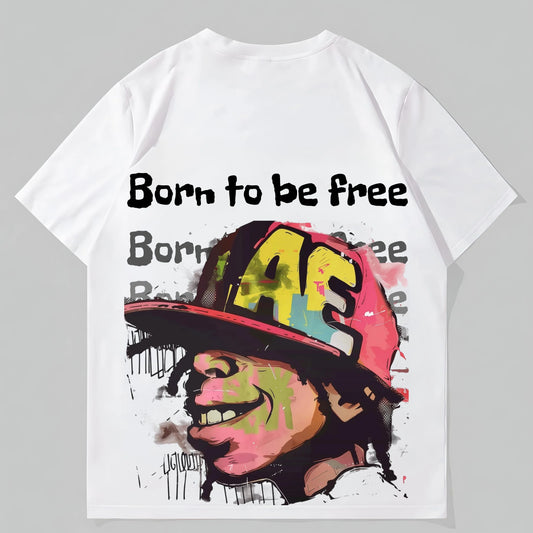 Fashion Tees For Summer Casual T-Shirt with Graffiti Art Print and Born to be Free Text for Daily Wear