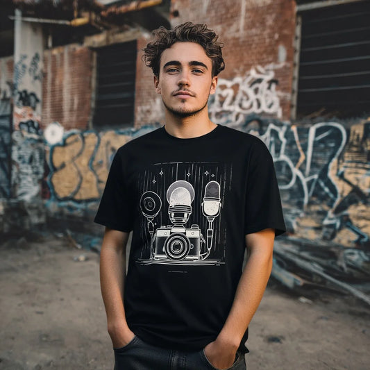 Fashion Graphic Tee Men's Casual T Shirt Vintage Camera and Microphone Graphic Print for Urban Streetwear