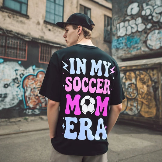 Streetwear Printed Graphic Tee Men's Casual T Shirt with IN MY SOCCER MOM ERA Print and Soccer Ball Design for Streetwear Cotton Clothes For Men