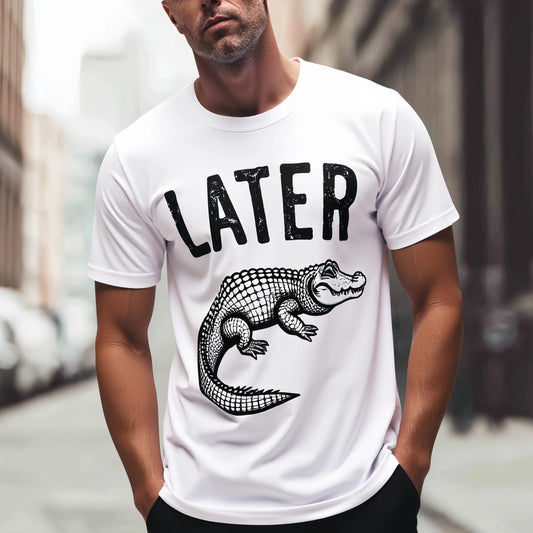 Fashion Graphic Tees For ManMen's Casual T Shirt with LATER Text and Crocodile Print for Daily Wear