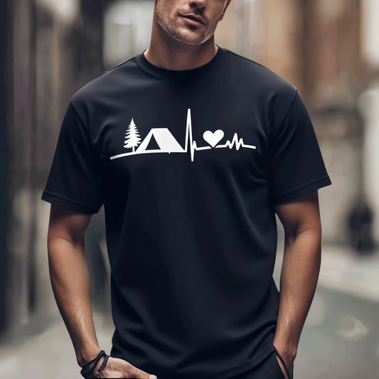 Trendy Graphic Tee Men's Casual T Shirt Heartbeat Tree Tent Print Outdoor Camping Travel Wear