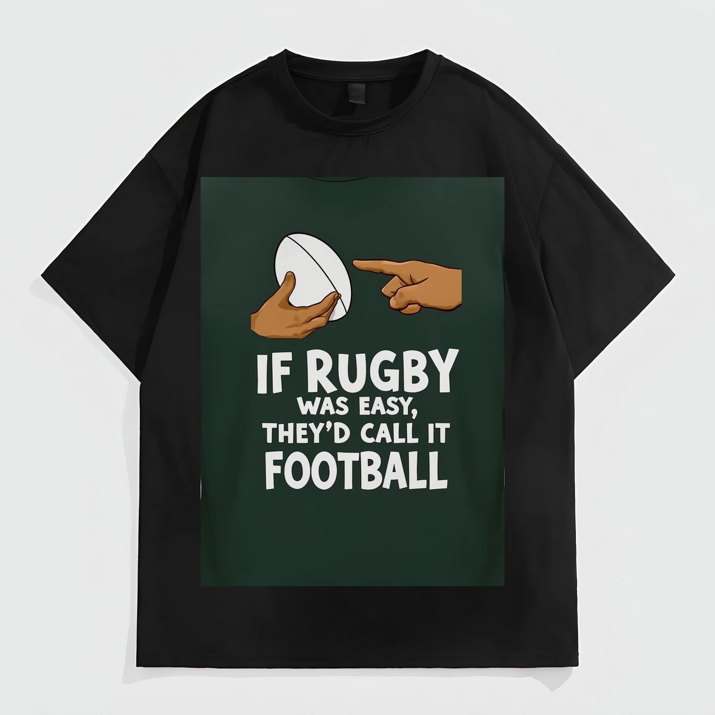 Men's Casual T-Shirt with Rugby Ball and Hand Graphic Print - If Rugby Was Easy, They'd Call It Football Text Design Fashion Tees 2025