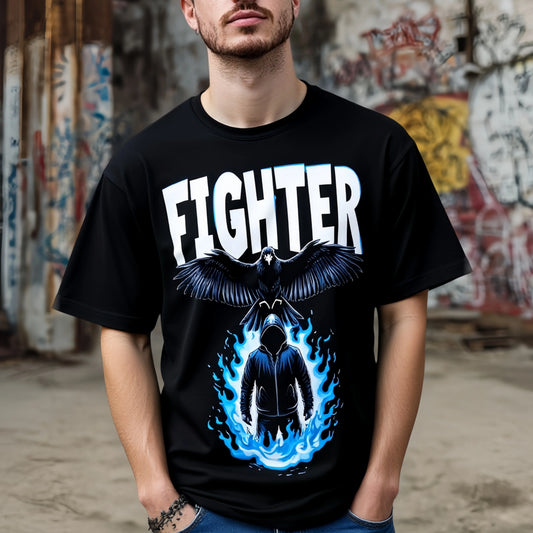 Men's T Shirt Eagle and Flame Graphic FIGHTER Text Urban Streetwear Casual Daily Wear Trendy Streetwear Printed Tshirt