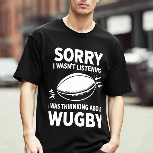 Fashion Graphic Tee Men's T Shirt Funny Rugby Ball Print Sorry I Wasn't Listening I Was Thinking About Rugby Casual Sports Tee for Fans