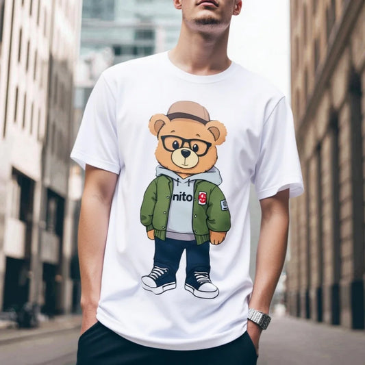 Fashion Graphic Tees For ManMen's Casual T Shirt Cute Bear Wearing Glasses and Hat Print Streetwear Daily Wear