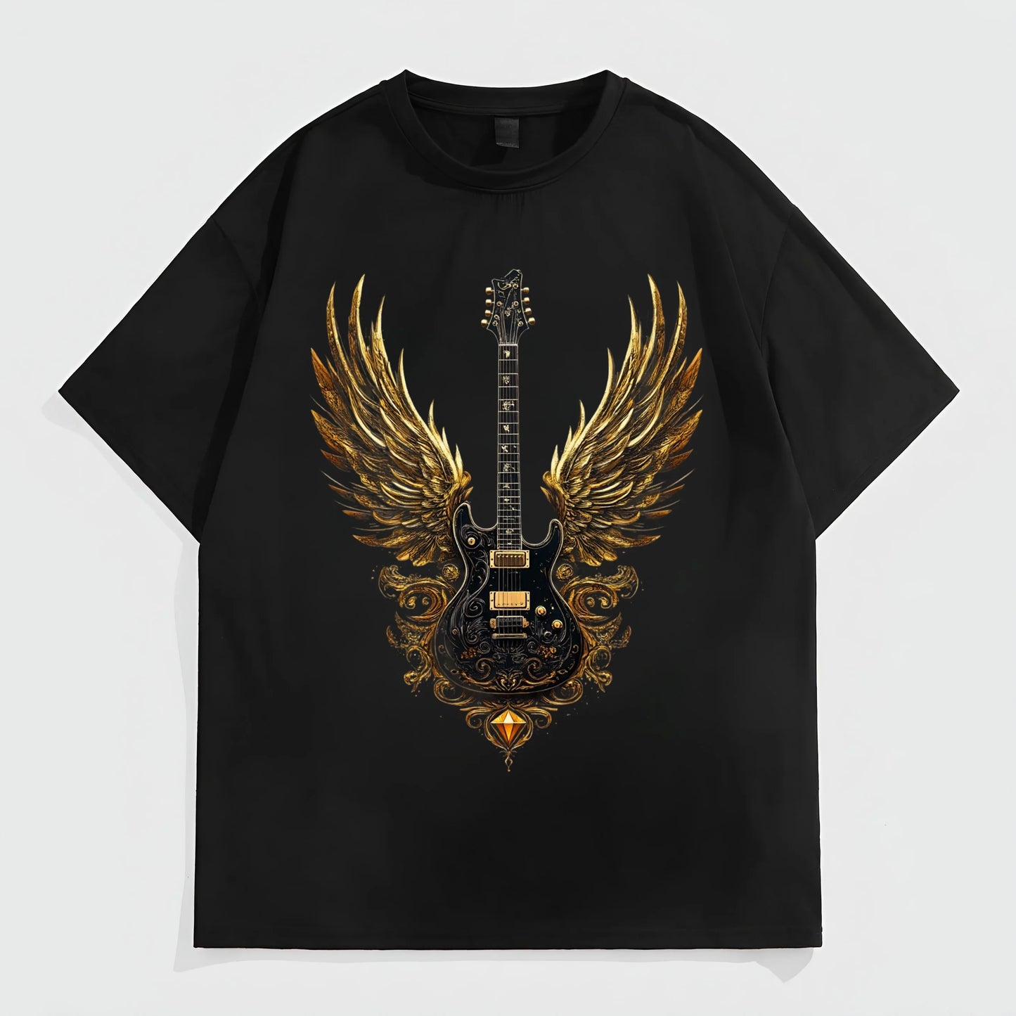 Men's Short Sleeve T-Shirt Golden Wings Guitar Print Casual Daily Wear Graphic Tees Design
